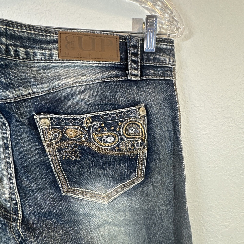 Cowgirl Up Bootcut Jeans Distressed Dark Wash Embroidered Sequins 30x34 - Picture 10 of 16